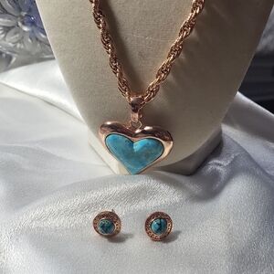 Bbj Copper &Turquoise Heart Pendant Necklace and Earring Set